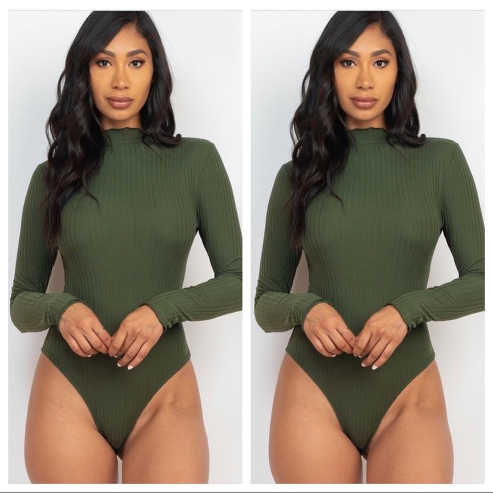 WOMEN’S OLIVE GREEN RIBBED LONG SLEEVE MOCK NECK THONG BODYSUIT